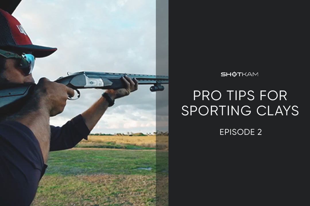 ShotKam Pro Tips for Sporting Clays Episode 2 thumbnail with a shooter aiming a shotgun in a Canadian outdoor range.