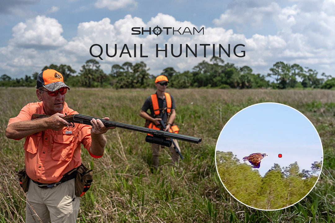 Quail hunting in Canada: Outdoorsman aiming with a ShotKam-equipped shotgun, featuring a quail taking flight in the Canadian wilderness.