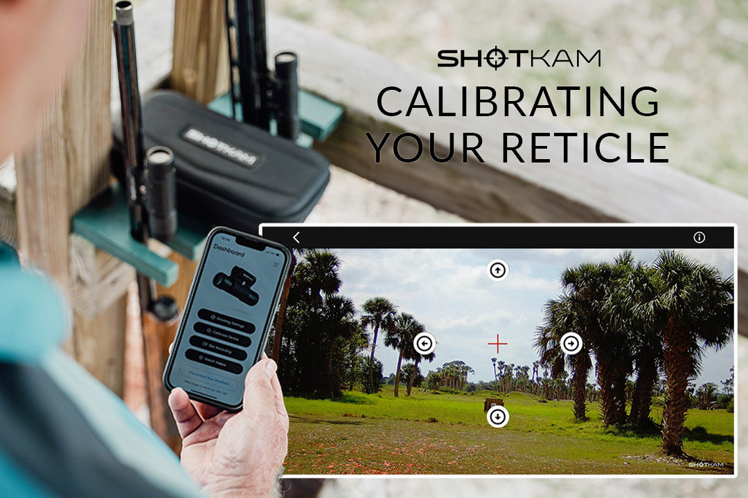 ShotKam reticle calibration being adjusted via a mobile app at a Canadian shooting range, with a wooded background ensuring precision in every shot.