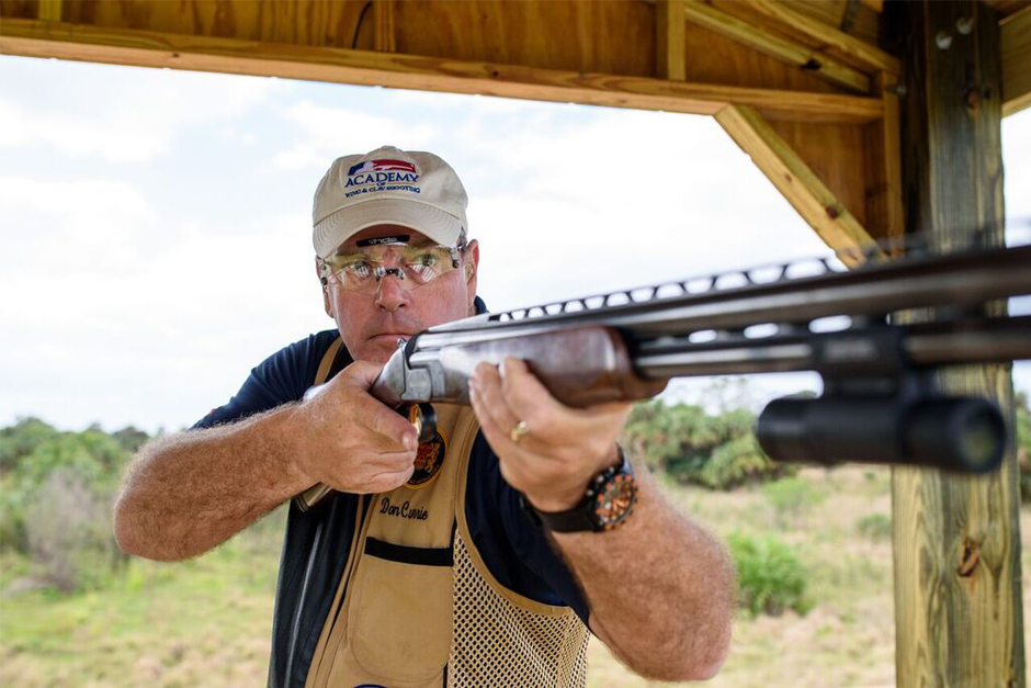 Canadian sporting clays instructor Don Currie shares techniques for mastering the chandelle target during a training session.