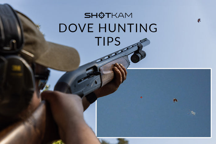 Dove hunting techniques in Canada: Hunter taking aim with a ShotKam-equipped shotgun, capturing a dove mid-flight.