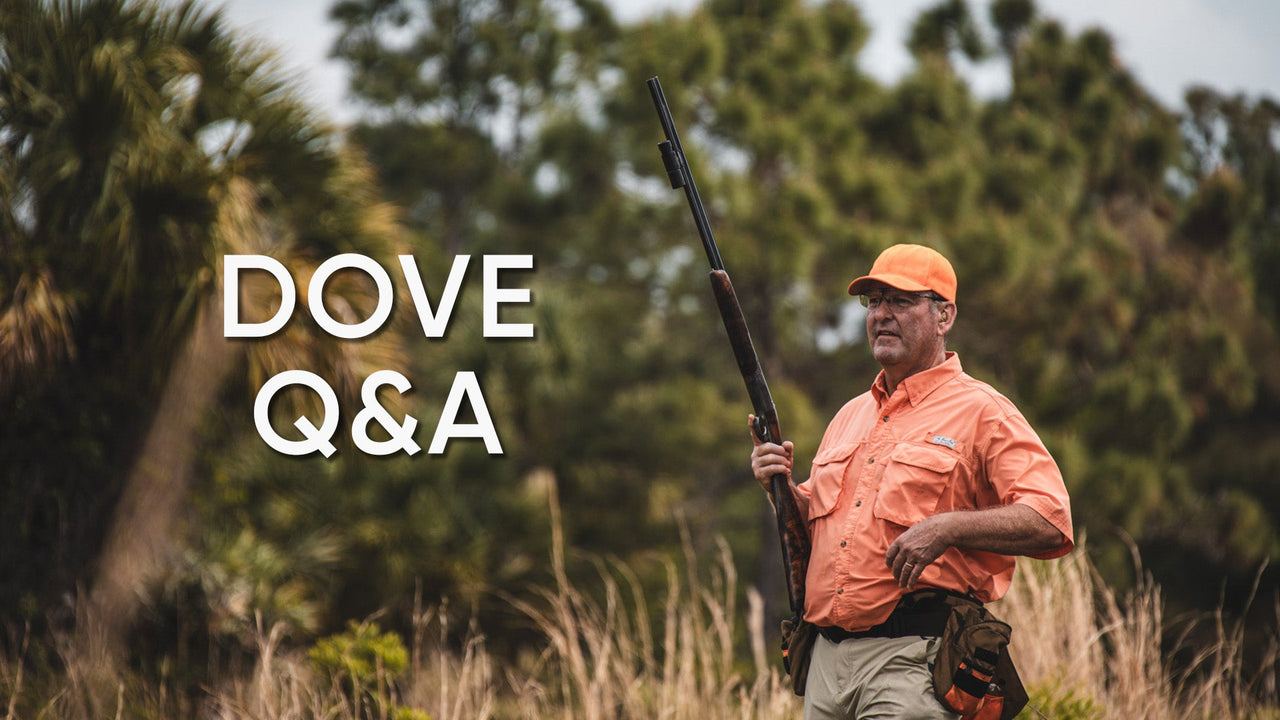 “Dove Q&A” with ShotKam founder David Stewart standing in tall grass with a shotgun.