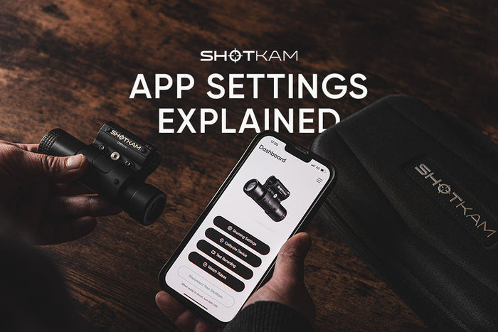 ShotKam camera and smartphone app setup displayed on a wooden table with carrying case nearby