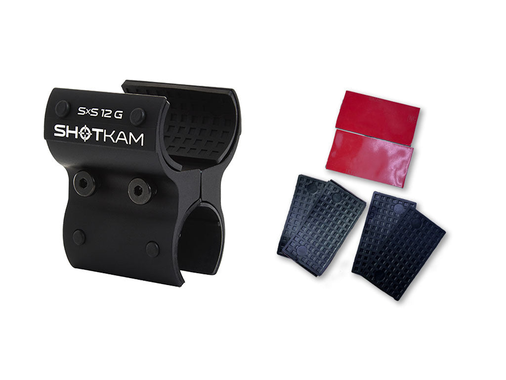ShotKam Mini 12 Gauge SxS Mount with extra rubber grips and adhesive strips, designed for a secure and scratch-free mount on side-by-side shotguns.