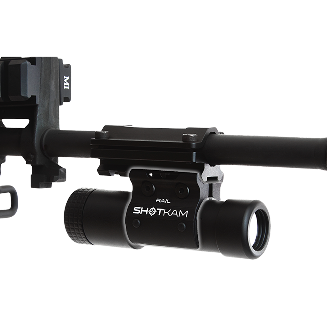 ShotKam Rail Mini Mount on a rifle with Picatinny rail – Shows the secure mounting of the Gen 4 Mini ShotKam for Canadian shooters looking to record precise shooting analysis.