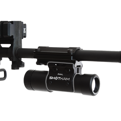 ShotKam Rail Mini Mount on a rifle with Picatinny rail – Shows the secure mounting of the Gen 4 Mini ShotKam for Canadian shooters looking to record precise shooting analysis.