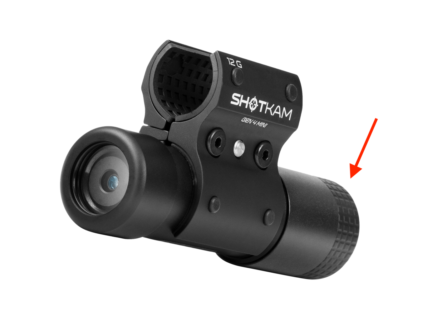 Close-up of ShotKam Gen 4 Mini with a 12 Gauge mount, highlighting the back cap with a red arrow, designed to protect the USB-C port.