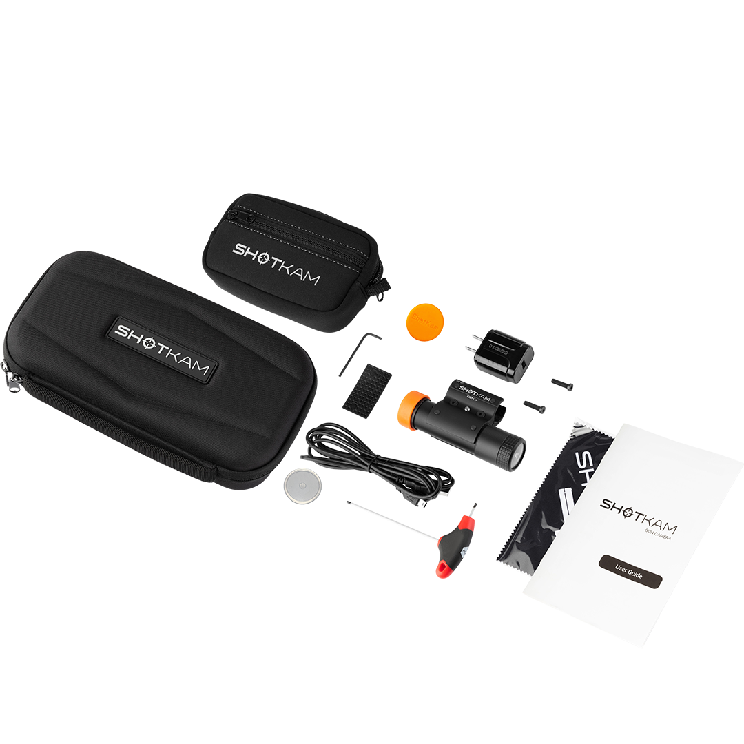 ShotKam Gen 4 complete kit for Canadian shotgun shooters. Includes a barrel-mounted camera, protective case, accessories, and user guide for clay shooting and hunting.