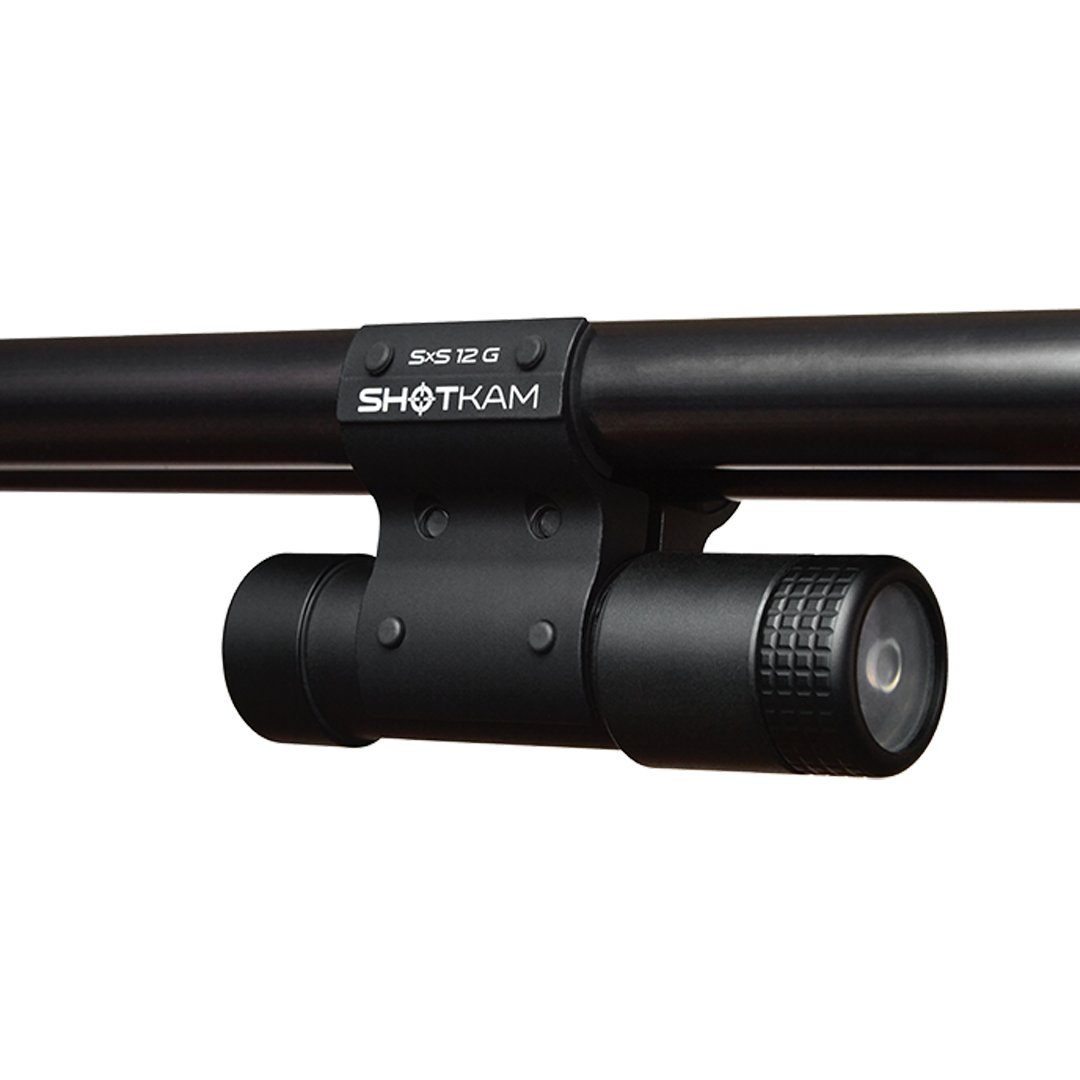 SxS 12 Gauge ShotKam Mount on a side-by-side shotgun – This image shows how the Gen 4 Mini ShotKam is attached for stable footage recording on 12 gauge side-by-side shotguns, perfect for Canadian hunters.