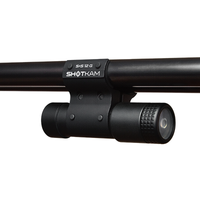 SxS 12 Gauge ShotKam Mount on a side-by-side shotgun – This image shows how the Gen 4 Mini ShotKam is attached for stable footage recording on 12 gauge side-by-side shotguns, perfect for Canadian hunters.