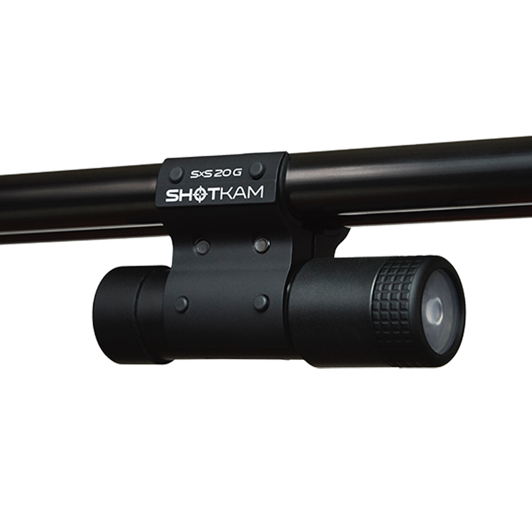 SxS 20 Gauge ShotKam Mount on a side-by-side shotgun – Securely attaches the Gen 4 Mini ShotKam to a 20 gauge side-by-side shotgun, ideal for precise video recording during Canadian hunts.